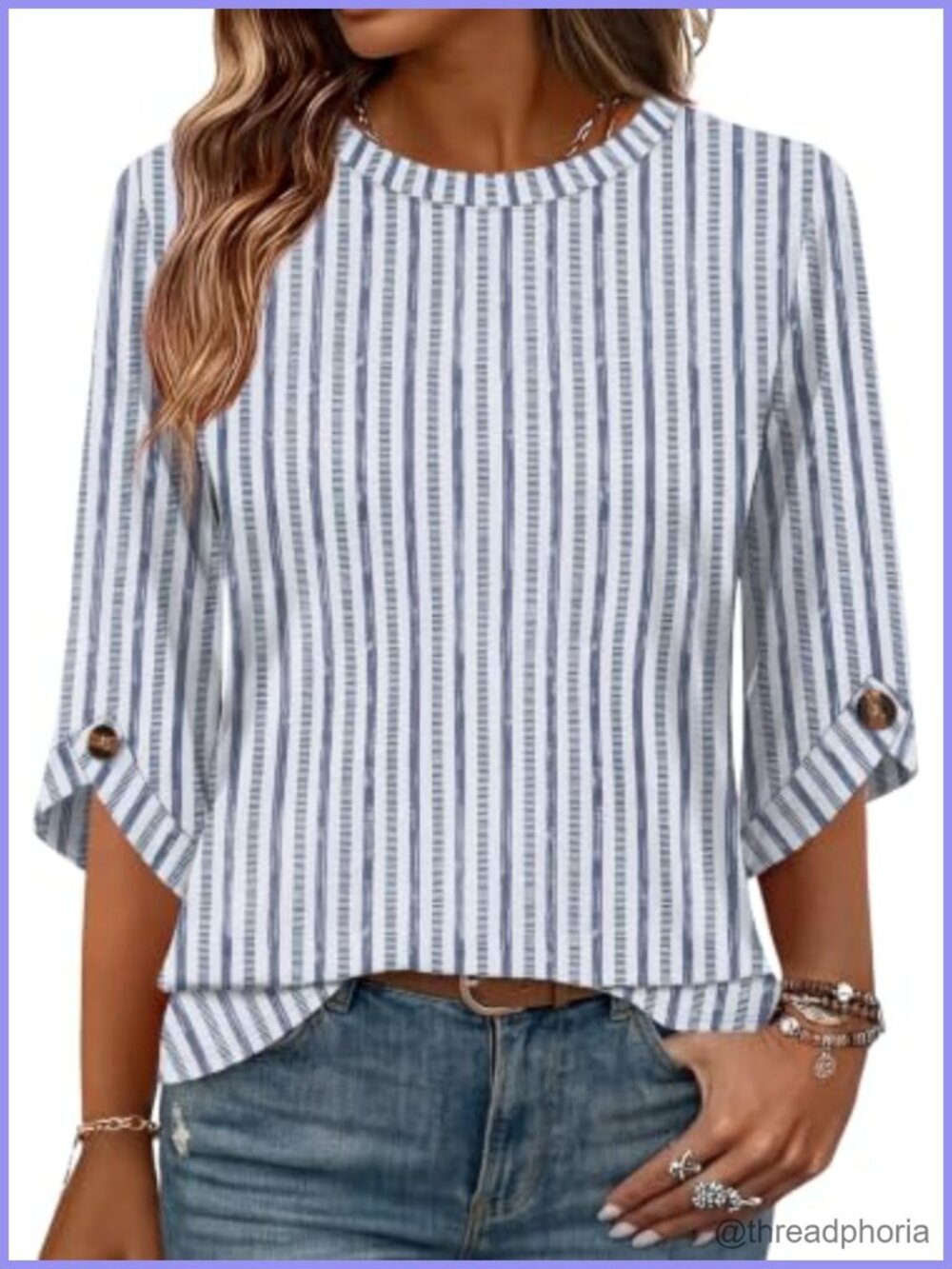 Womens 3/4 Sleeve Button Cuff Blouse Crew Neck Loose Fit Work Top
